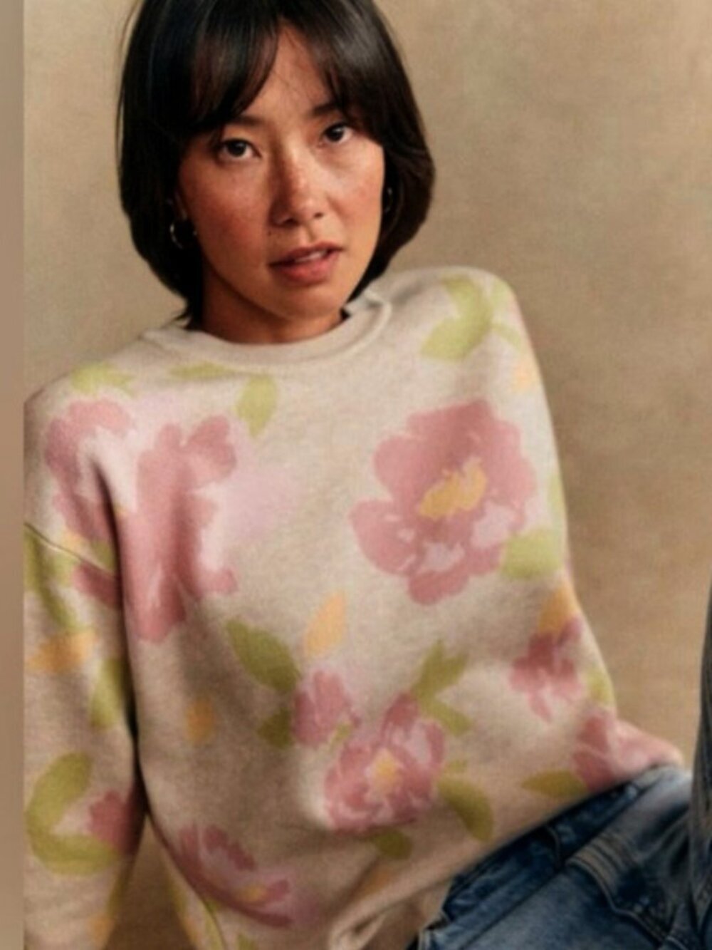 New Sezane Beatrice 100% Wool Floral Sweater Beige Pink XS